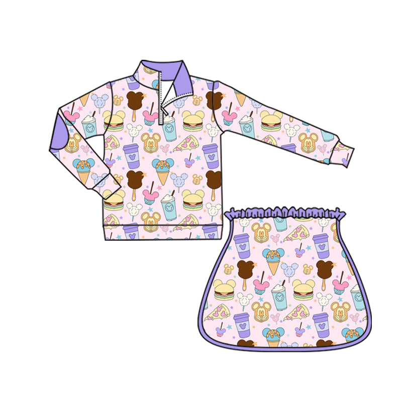 (Custom Design Preorder MOQ 5) Cartoon Princess Food Zipper Pullover Top Skort Girls Clothes Set