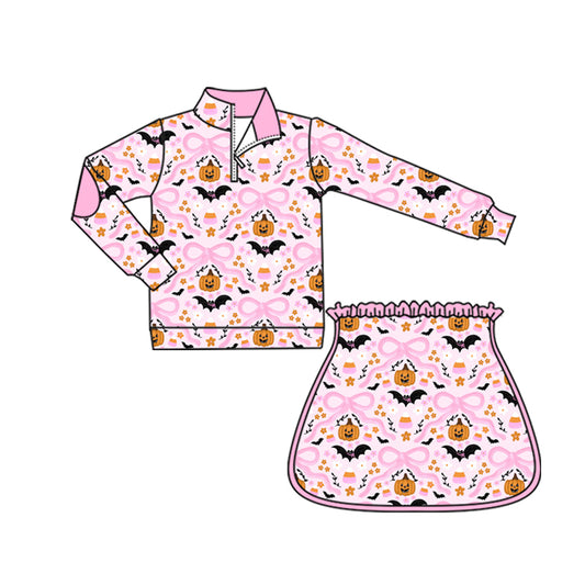 (Custom Design Preorder MOQ 5) Pumpkin Candy Bows Pink Zipper Pullover Top Skort Girls Halloween Clothes Set