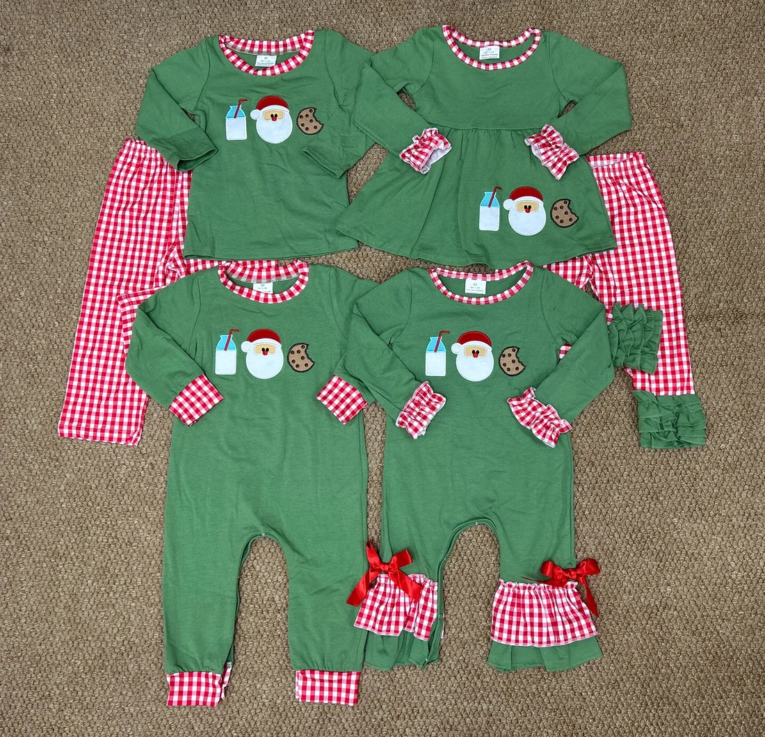 Cookies Santa Milk Embroidery Red Checkered Green Kids Christmas Matching Clothes Sibling Wear