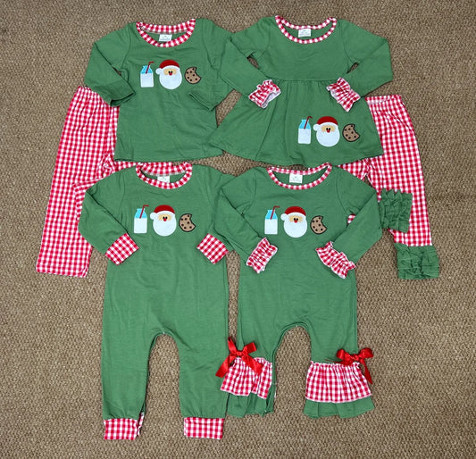 Cookies Santa Milk Embroidery Red Checkered Green Kids Christmas Matching Clothes Sibling Wear
