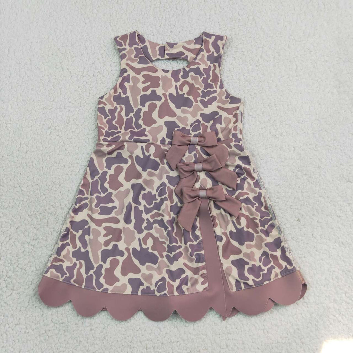 Brown Camo Girls Sleeveless Scallop Bows Yoga Dress