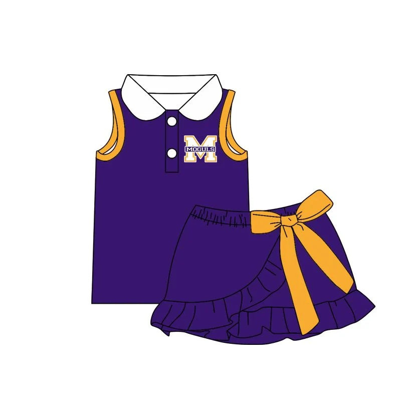 Preorder (moq 5) Girls Moguls M Logo Purple Yellow Collared Sleeveless Polo Top & Big Bow Ruffle Skort Game Day Outfit Set