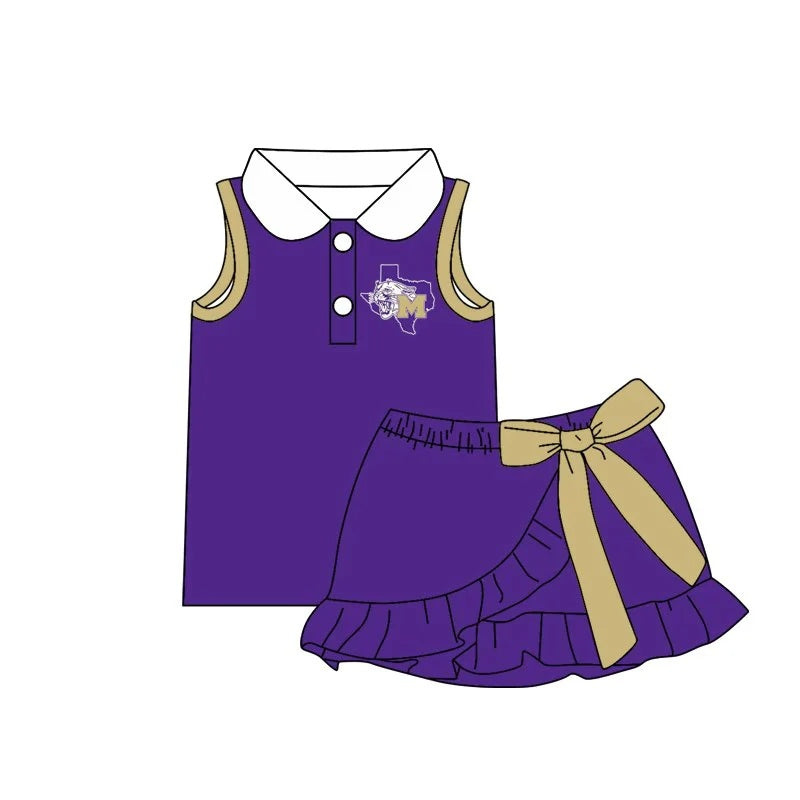 Preorder (moq 5) Girls Texas M Wildcat Mascot Purple Gold Collared Sleeveless Polo Top & Big Bow Ruffle Skort Game Day Outfit Set