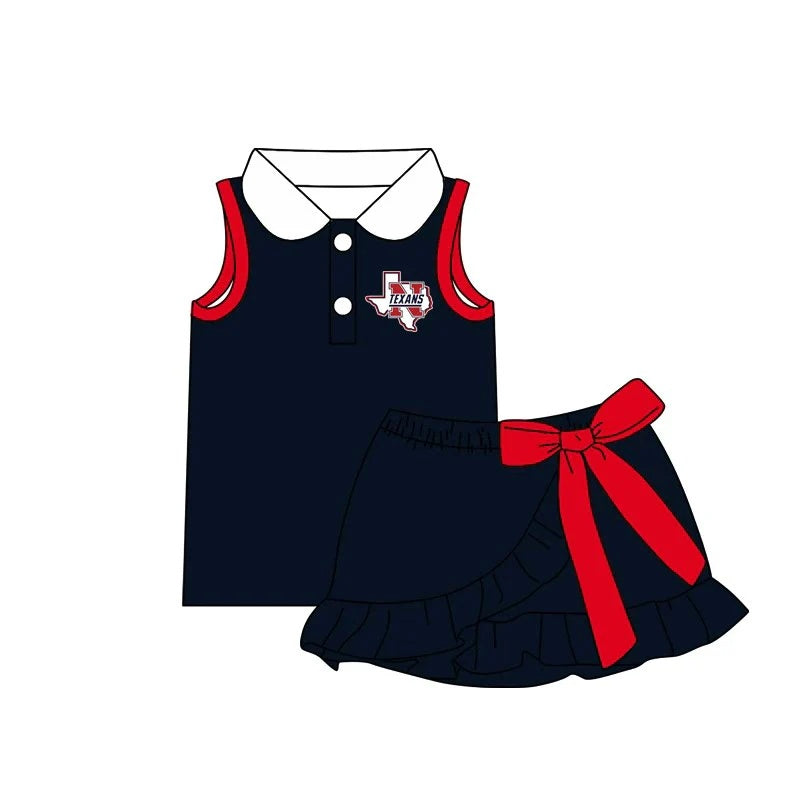 Preorder (moq 5) Girls Texans Texas State Logo Navy Red Collared Sleeveless Polo Top & Big Red Bow Ruffle Skort Game Day Outfit Set