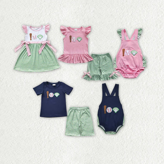 Sibling Boys Baby Girls Baseball Green Checkered Summer Outfits Suits