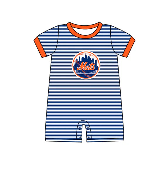 (Custom  Preorder MOQ 5) Baby Boys Short Sleeve New York Mets Striped Romper