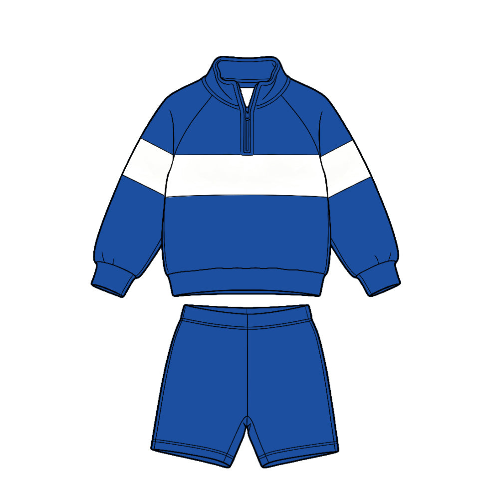 (Custom Design Preorder MOQ 5 Each)Solid Color Block Half Zip Sweatshirt and Pockets Shorts Matching Set for Toddler Boys & Girls -Sibling Wear