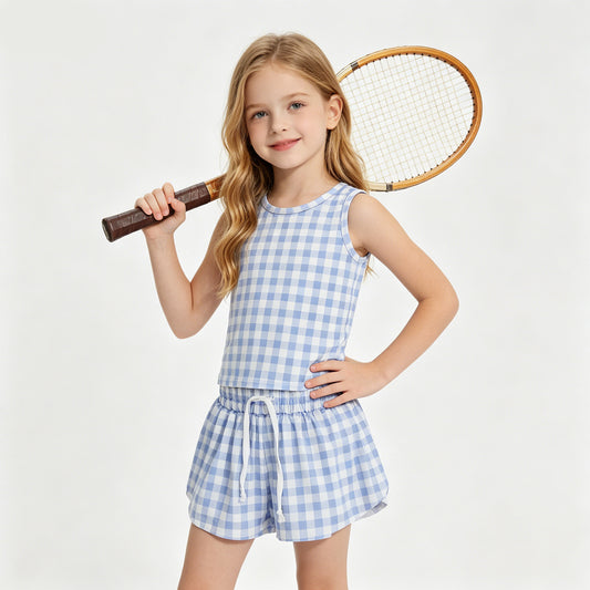 Baby Girls Blue Gingham Sleeveless Top Shors Active Outfit
