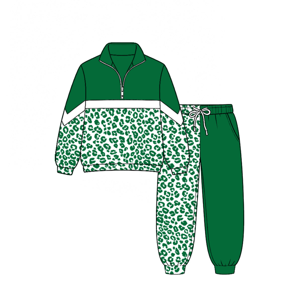 (Custom Design Preorder MOQ 5) Teams Green Leopard Zipper Pullover Top Split Joggers Pants Girls Kids Fall Clothes Set