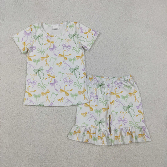 Baby Girls Mardigras Bows Plaid Top Ruffle Shorts Pajamas Sets
