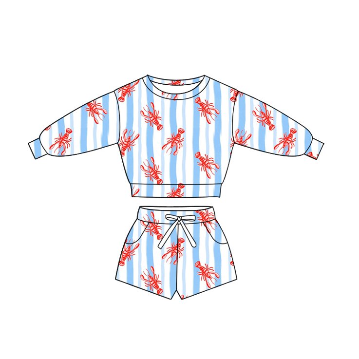 (Custom Design Preorder MOQ 5 Each) Crayfish Stripes Long Sleeve Top Pockets Shorts Girls Clothes Set Sisters Wear