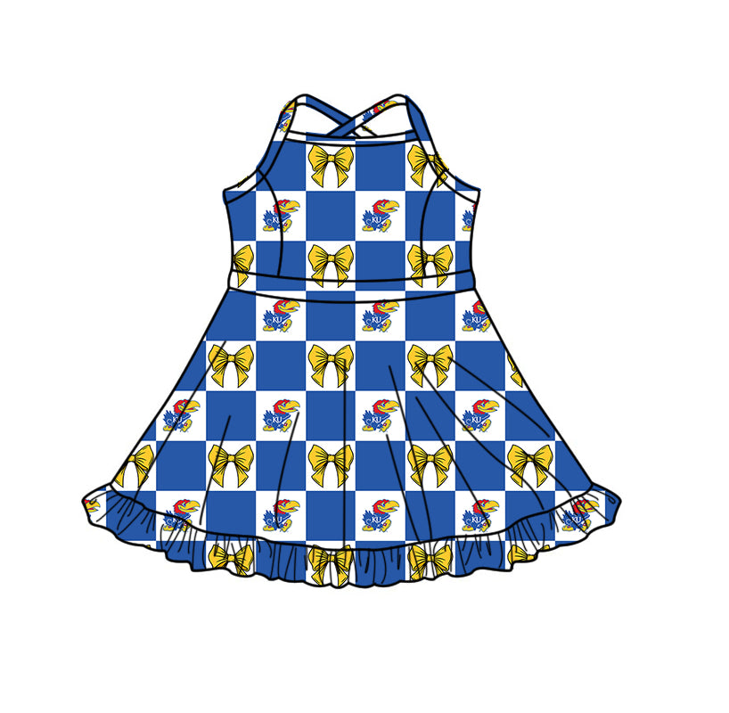 (Custom Design Preorder MOQ 5 Each Item) Teams Kansas Jayhawks Bows Blue Plaid Print Kids Clothes Sibling & Family Matching Styles