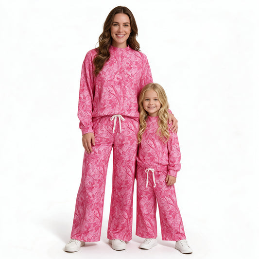 Mommy and Me Maroon Pink Camo Long Sleeve Top Pants Outfit