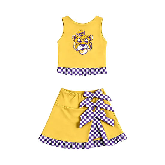 (Custom  Preorder MOQ 5) LSU Tiger Vest Bows Ruffle Skirt Team Outfit