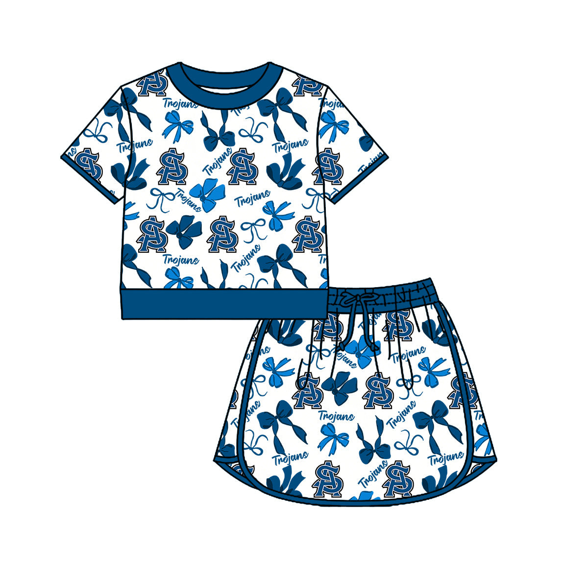 Preorder (moq 5)Baby Girls Bows Trojans Top Skirt Short Team Clothes Set