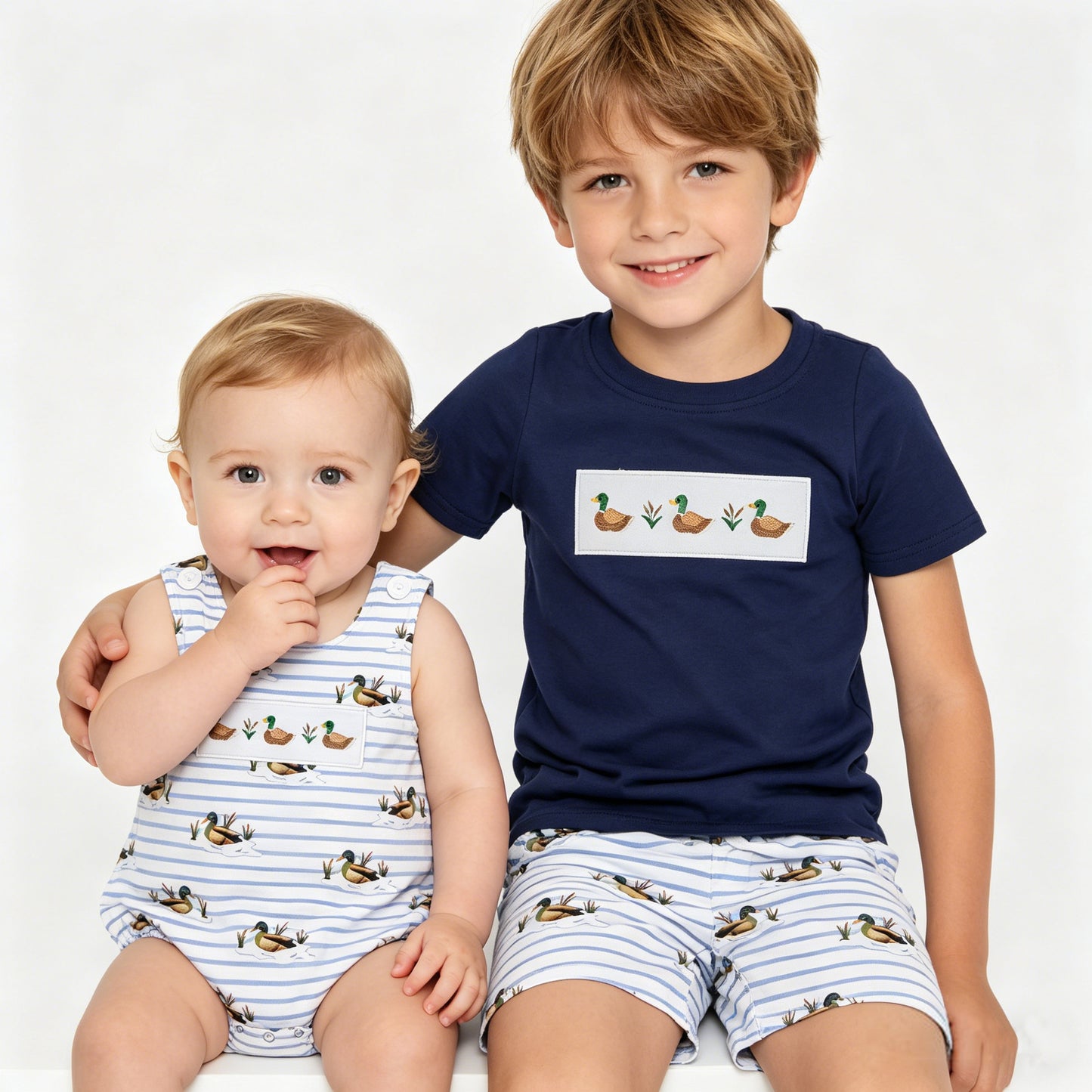 Sibling Toddler Boys Embroidery  Mallard Duck Shorts Set+Bubble Romper
