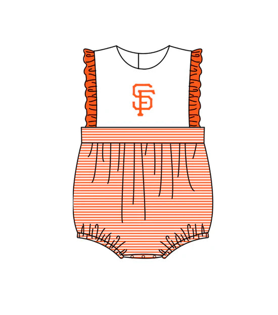 (Custom  Preorder MOQ 5) Baby Girls Sleeveless Orange Stripe SF Team Rompers