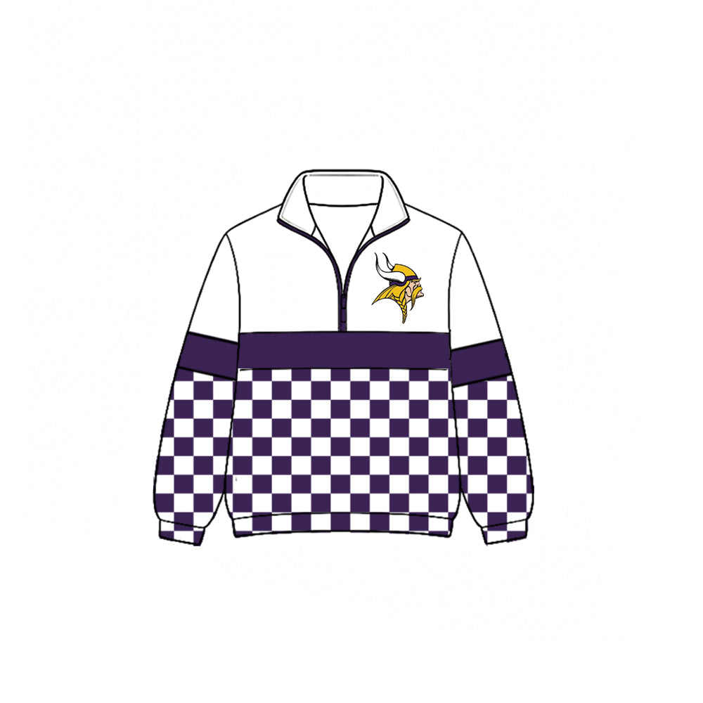 (Custom Design Preorder MOQ 5)  Teams Vikings Plaid Print Kids & Adult Long Sleeve Zipper Pullover Jacket