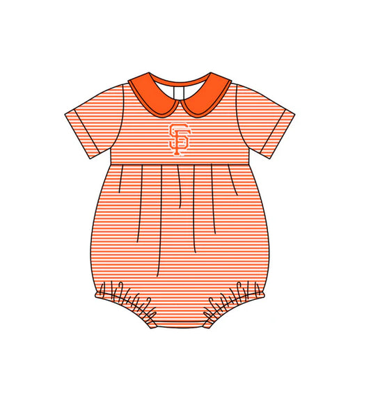 (Custom  Preorder MOQ 5) Baby Girls Short Sleeve Orange Stripe SF Team Rompers