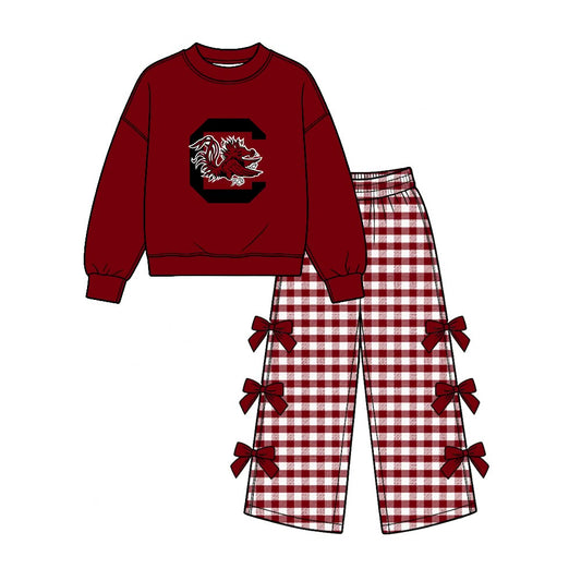 Preorder( 5  MOQ) Baby Girls Sport Team Gamecocks Long Sleeve Top Gingham Pants Outfit
