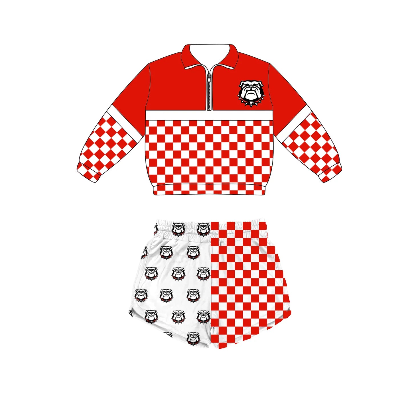 Custom moq 5 mix size summer teams Baby Plaid Long Sleeved Zip Up Top And Shorts Set