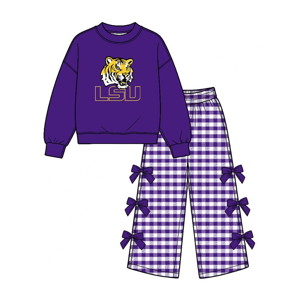 Preorder( 5  MOQ) Baby Girls Sport Team LSU  Long Sleeve Top Gingham Pants Outfit