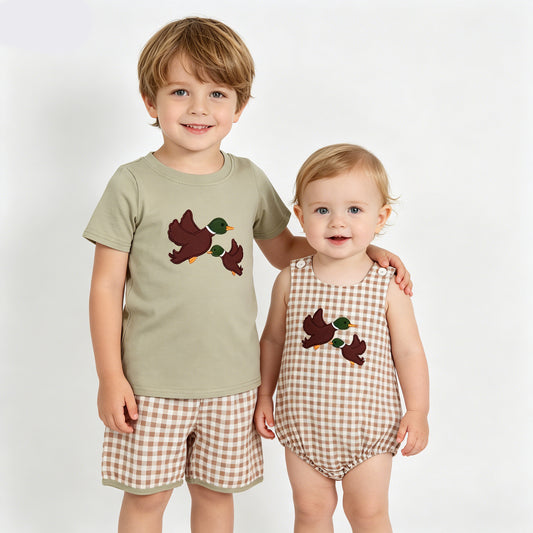 Duck Embroidery Plaid Print Baby Boys Outfits & Romper Brothers Matching Wear
