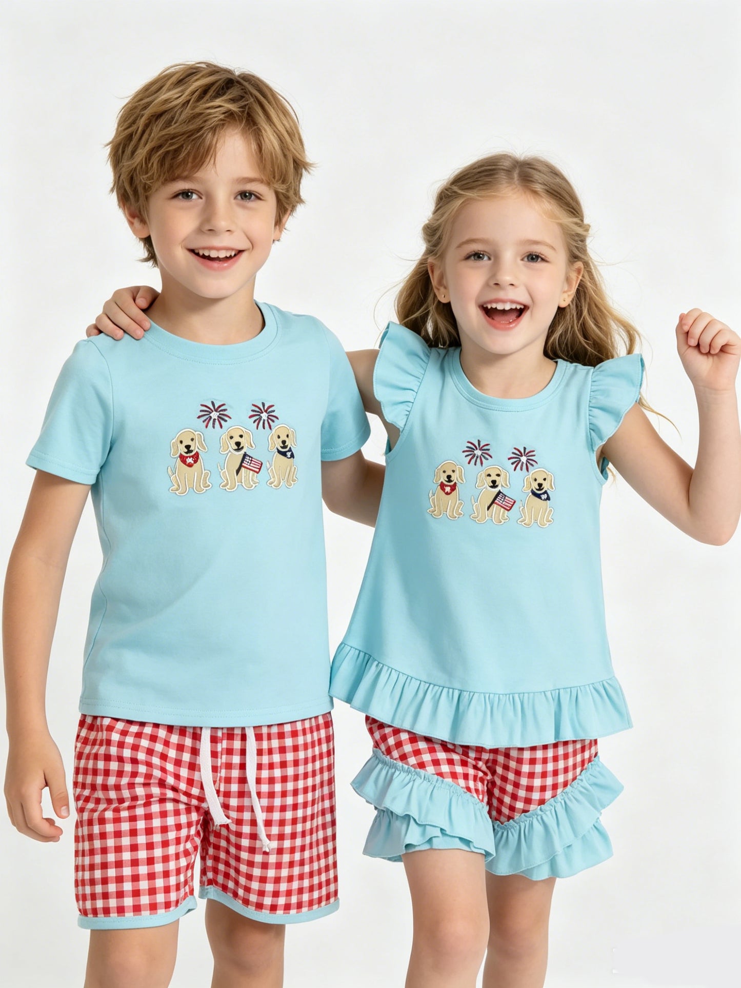 Matching Sibling 4th of July Outfits - Patriotic Puppy Print Boy & Girl Sets