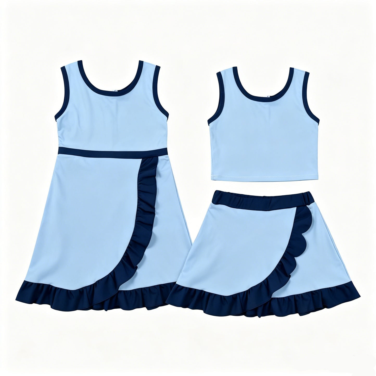 Toddler Sibling Kids Girls Light Blbe with Navy Ruffle Dress & Skort Outfit Active Wear