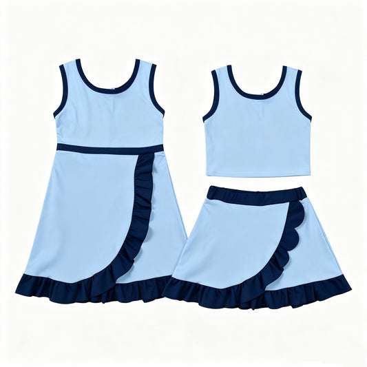 Toddler Sibling Kids Girls Light Blbe with Navy Ruffle Dress & Skort Outfit Active Wear
