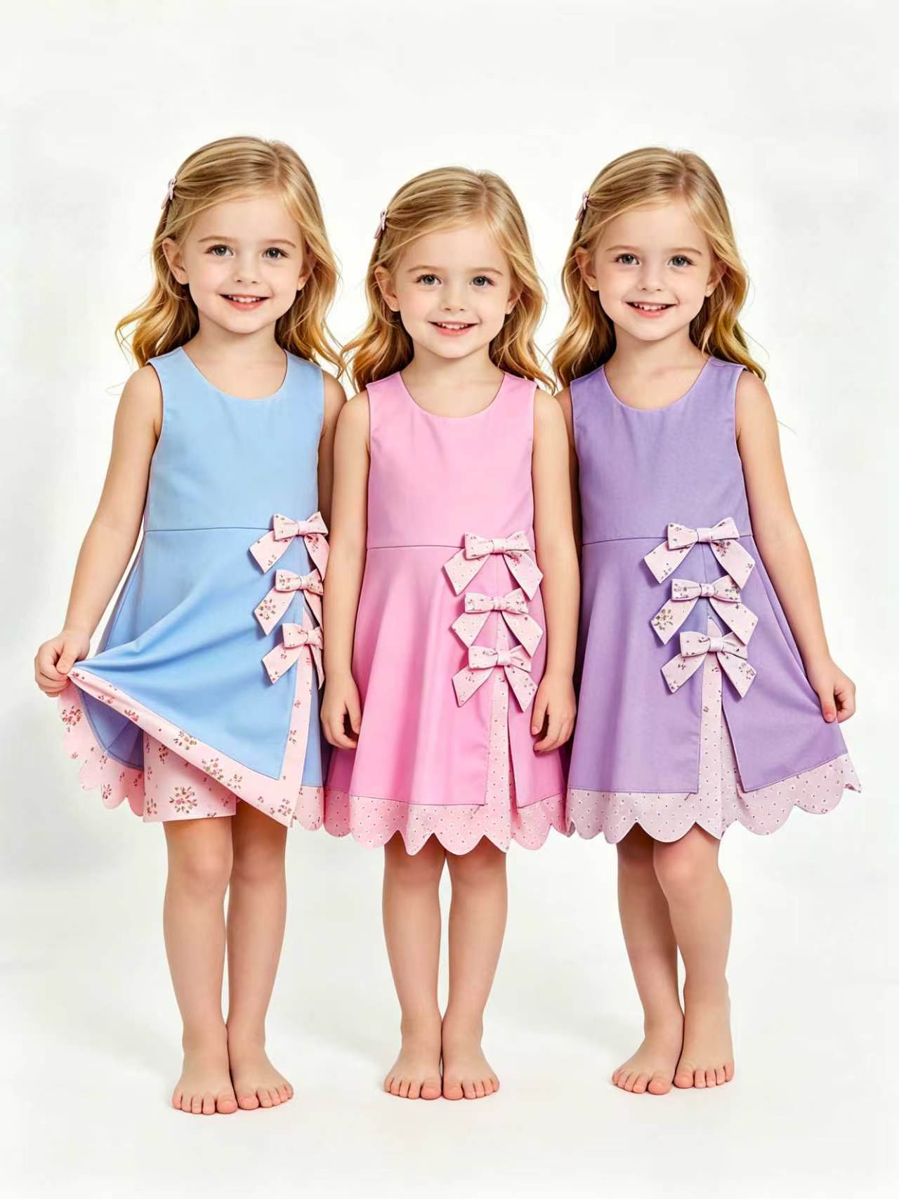 Sibling Baby Girls Sleeveless Bows Shorts Scallop Knee Length Dresses