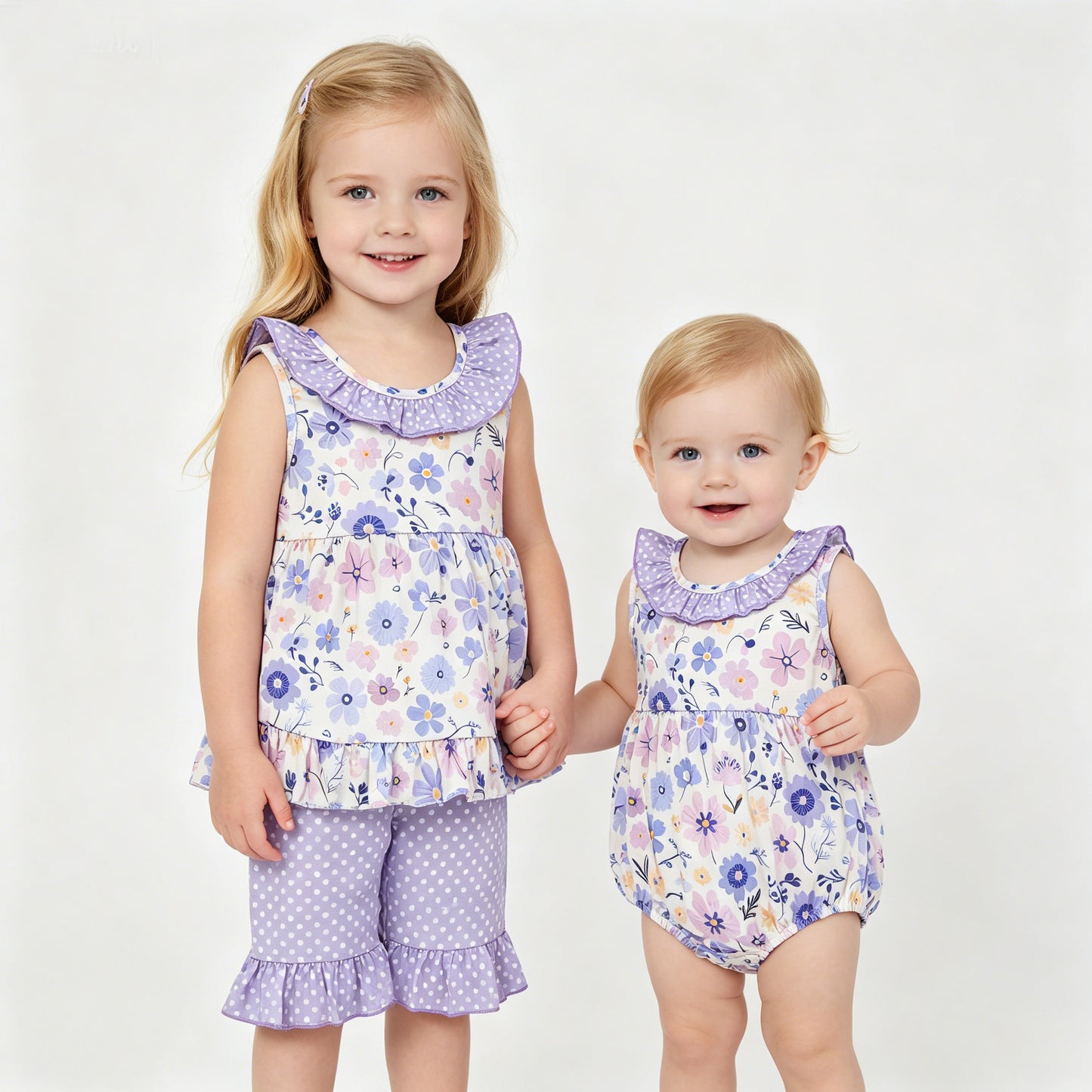 Sibling Baby Girls Lavender Flowers Bow Tunic Ruffle Shorts Clothes Sets Rompers