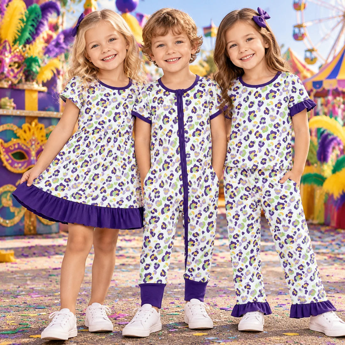 Sibling Baby Girls Mardi Gras Leoaprd Short Sleeve Pajama Set Dress and Zipper Romper