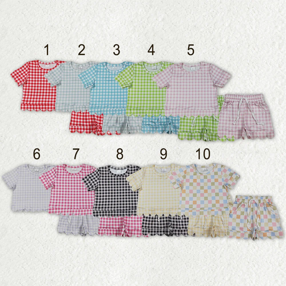 Sibling Baby Girls Colorful Checked Scallop Shirts Top Pockets Short Outfit