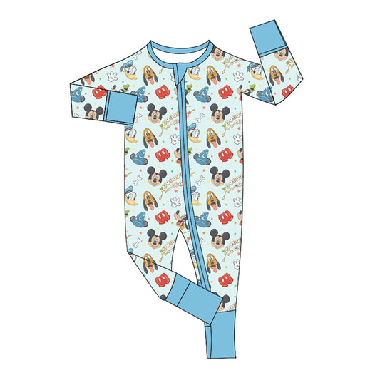 (Custom Design Preorder MOQ 5 ) Cartoon Mouse Blue Print Baby Boys Zipper Sleeper Romper