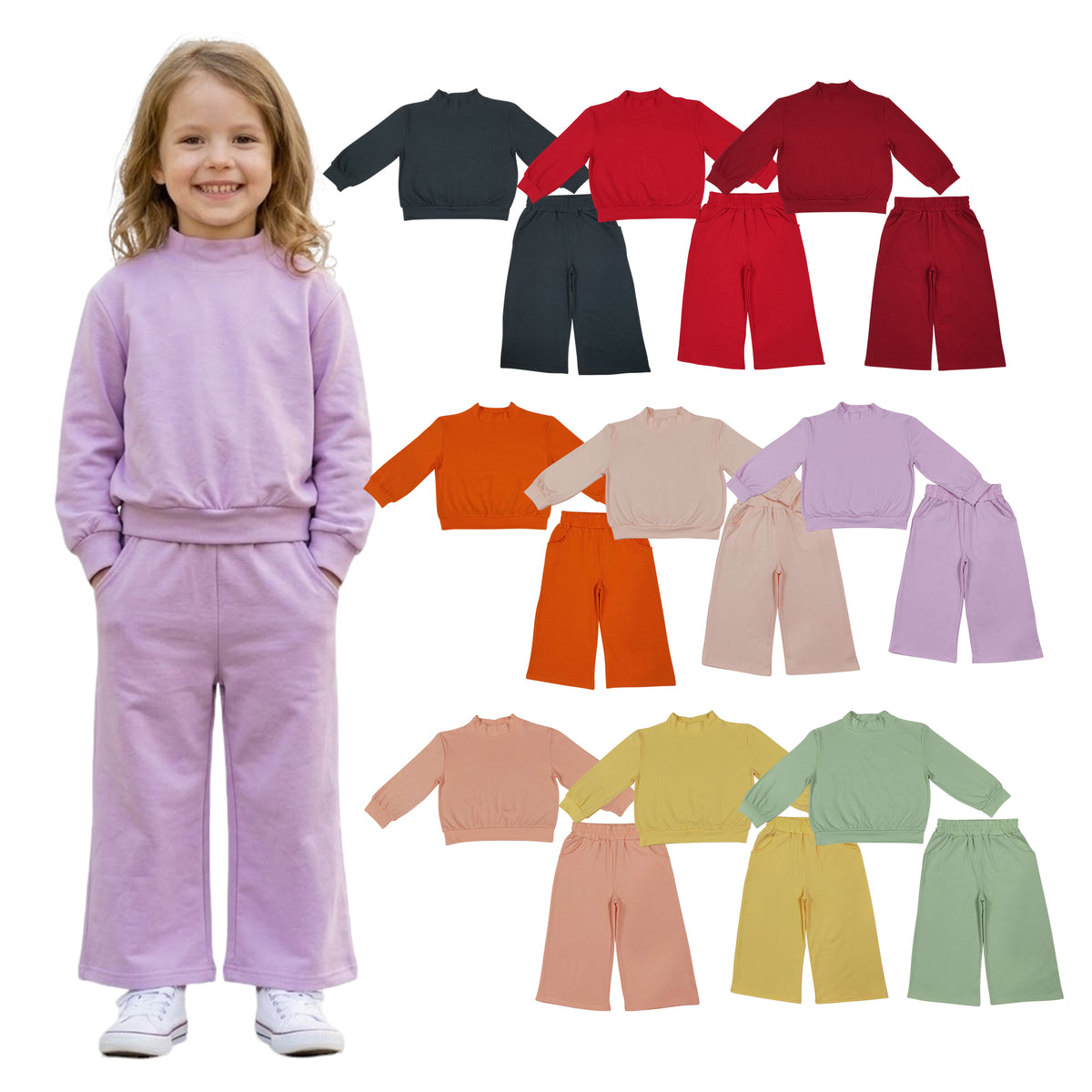 9 Colors Cotton Mock Neck Long Sleeve Top Straight Pockets Pants Girls Fall Clothes Set Sisters Wear