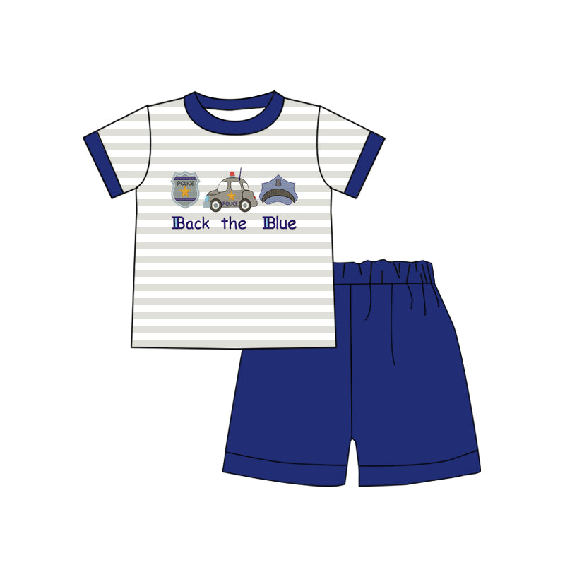 (Custom Design Preorder MOQ 5) Police Stripes Top Blue Shorts Boys Summer Clothes Set