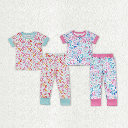 Sibling Baby Girls Short Sleeve Floral Leopard Top Pants Pajamas Clothes Sets