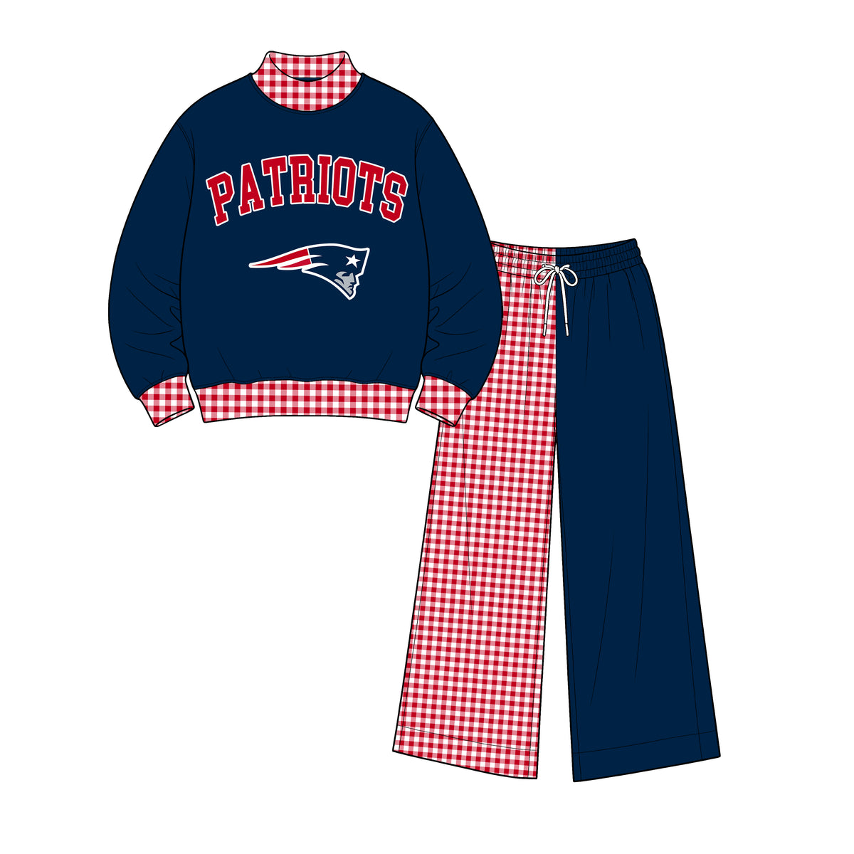 (Custom Design Preorder MOQ 5) Patriots Mock Neck  Top with Patch Wide Leg Sport Team Set