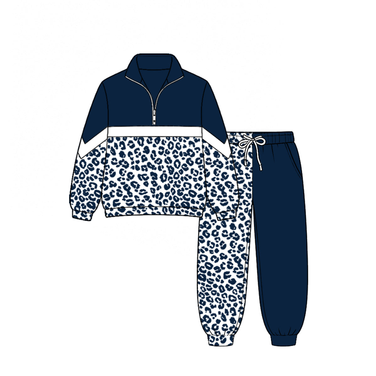 (Custom Design Preorder MOQ 5) Teams Navy Leopard Zipper Pullover Top Split Joggers Pants Girls Kids Fall Clothes Set