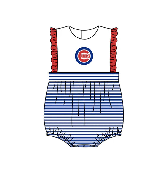 (Custom  Preorder MOQ 5) Baby Girls Sleeveless Stripe Cubs Team Bubble Rompers