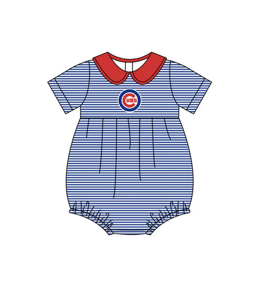(Custom  Preorder MOQ 5) Baby Girls Short Sleeve Stripe Cubs Team Bubble Rompers