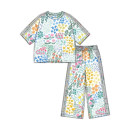 (Custom Design Preorder MOQ 5) Colorful Flowers Print Straight Pockets Pants Girls Clothes Set