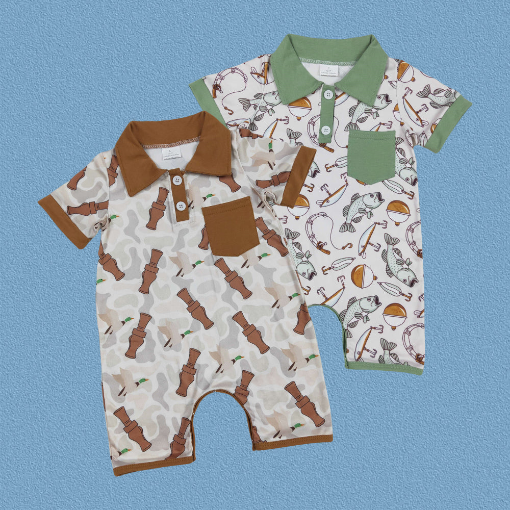 Baby Boys Hunting Fishing Short Sleve Shirt Romper with Pocket