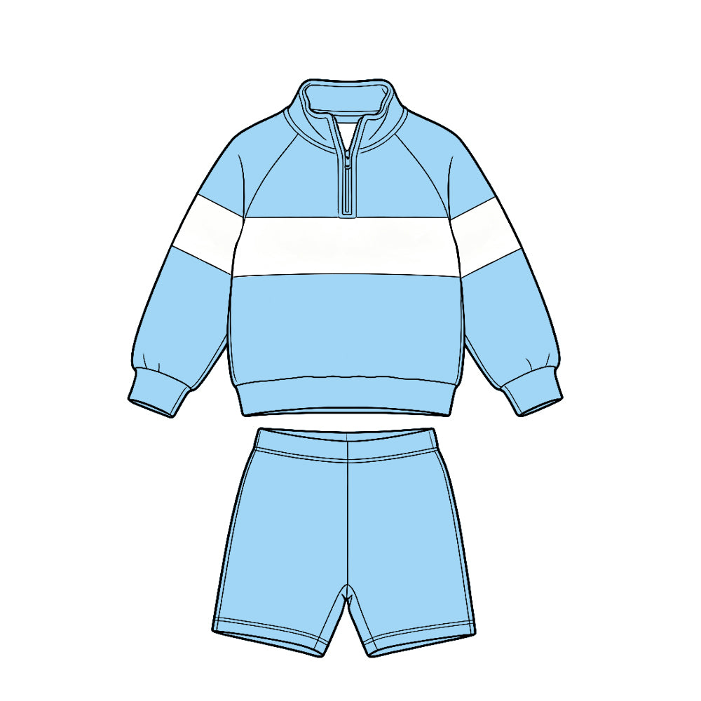 (Custom Design Preorder MOQ 5 Each)Solid Color Block Half Zip Sweatshirt and Pockets Shorts Matching Set for Toddler Boys & Girls -Sibling Wear