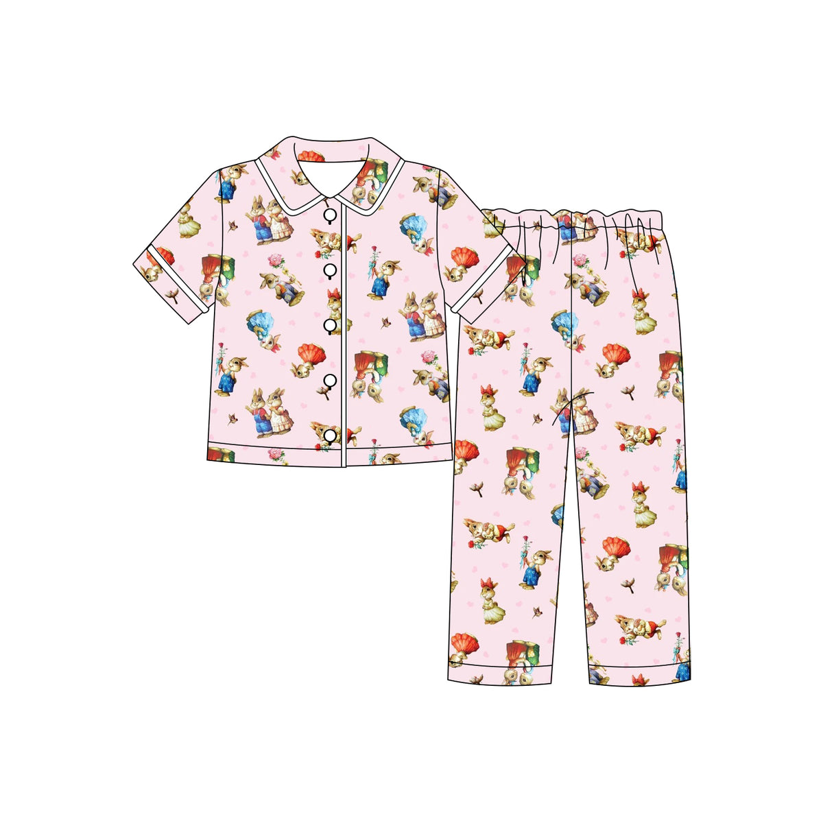 (Custom Design Preorder MOQ 5 Each)Bunny Colorful Print Girls Easter Buttons Pajamas Clothes Set Sisters Wear