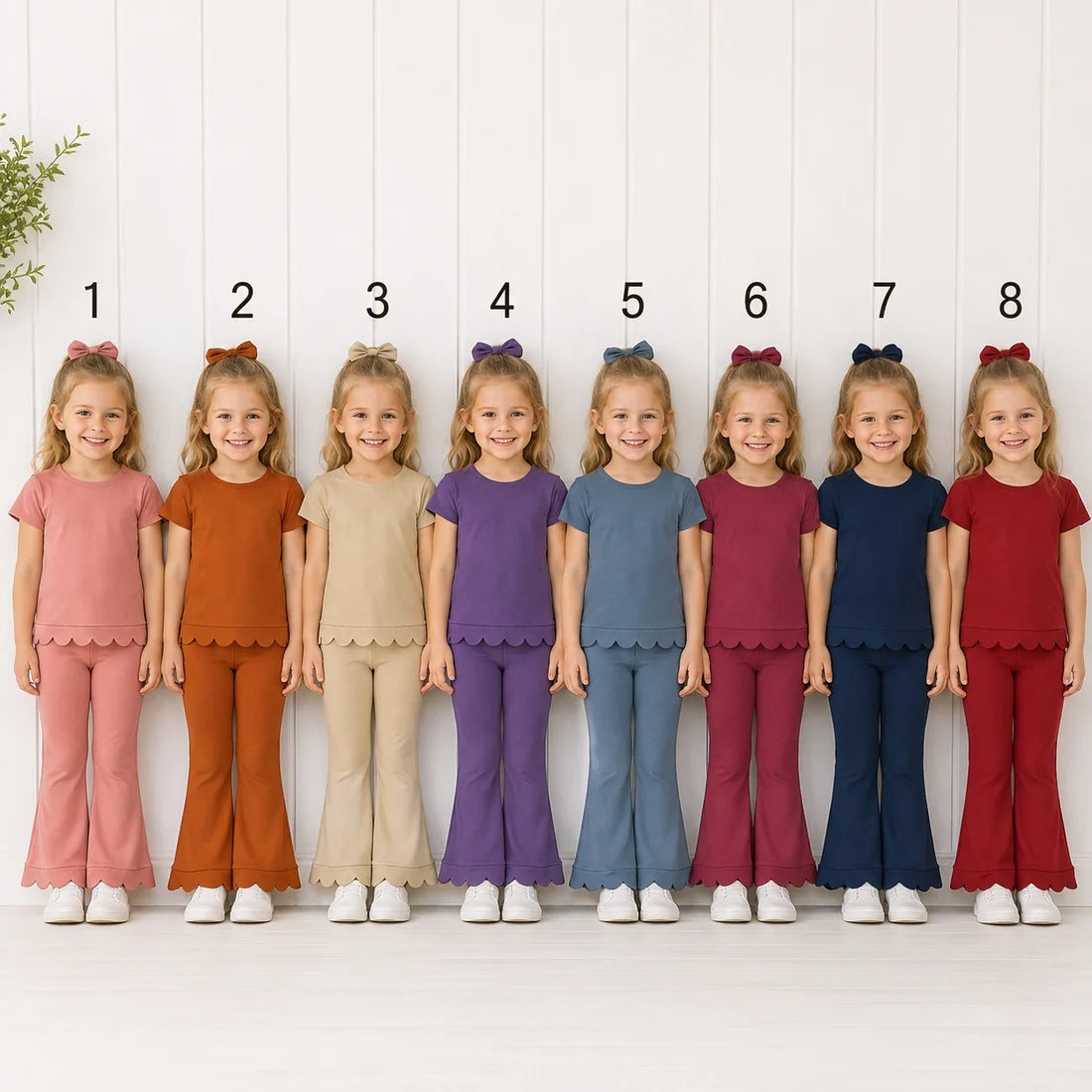 Sibling Baby Girls Solid Color Short Sleeve Scallop Top with bell Bottom Pants Outfit