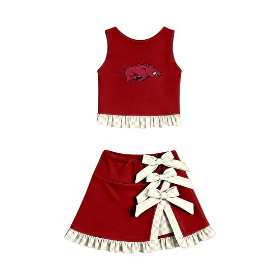 (Custom  Preorder MOQ 5) Baby Girls Arkansas Vest Bows Ruffle Skirt Team Outfit
