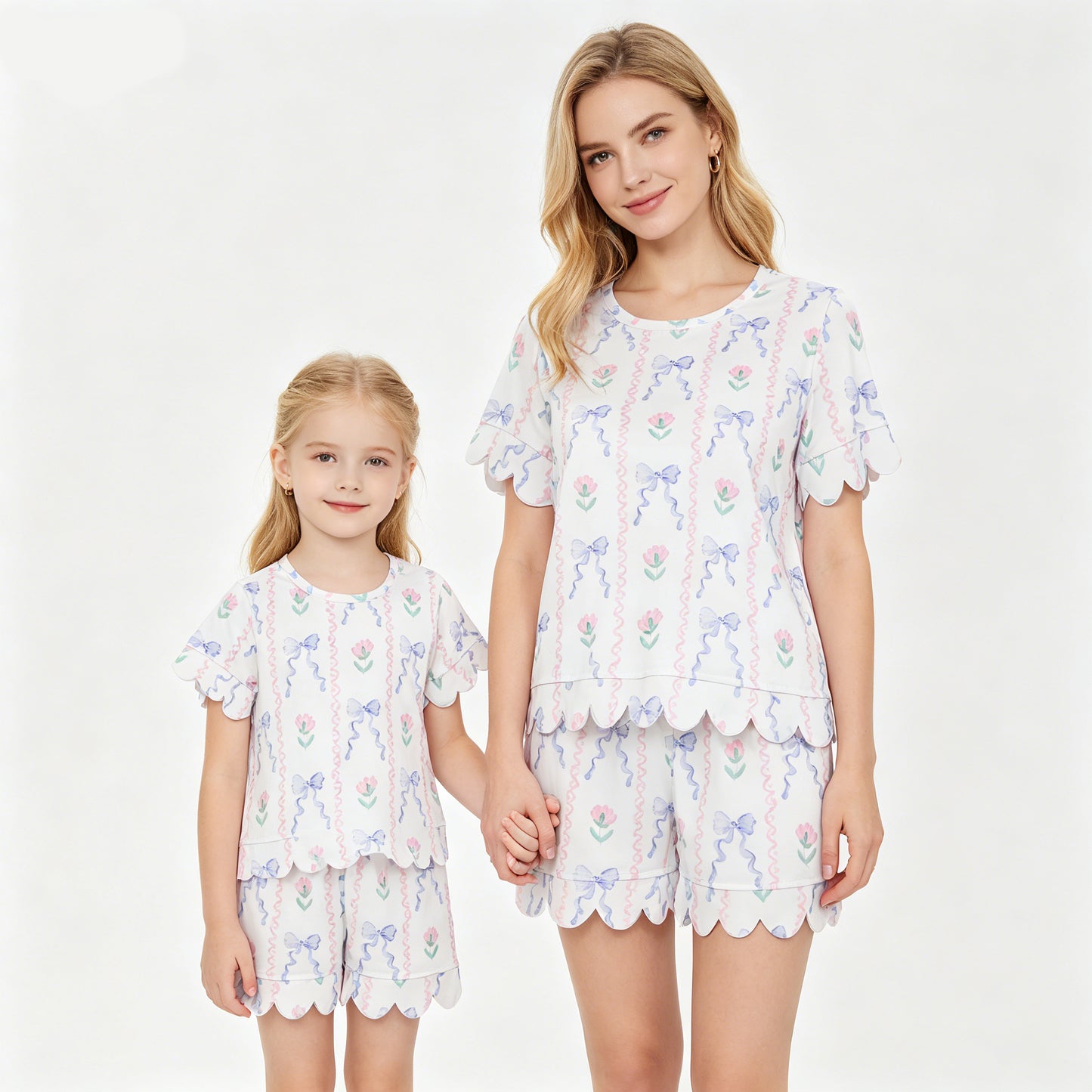 Mommy and Me Floral Bow Scallop Outfits, Short Sleeve Two Piece Set for Mother Daughter