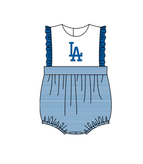 (Custom  Preorder MOQ 5) Baby Girls Sleeveless Blue Stripe LA Team Ruffle Rompers